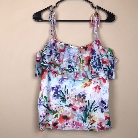 Amanda Uprichard Women’s Floral Print Multicolor Ruffle Tie Straps Tank Blouse - Picture 1 of 8